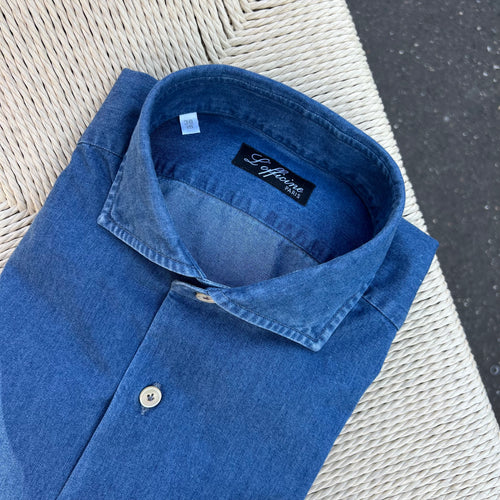 Chemise col italien denim bleached coupe regular