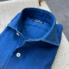 Chemise en denim flanelle bleu moyen col italien