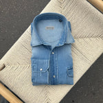 Chemise « used » en denim Texas bleu clair super bleached