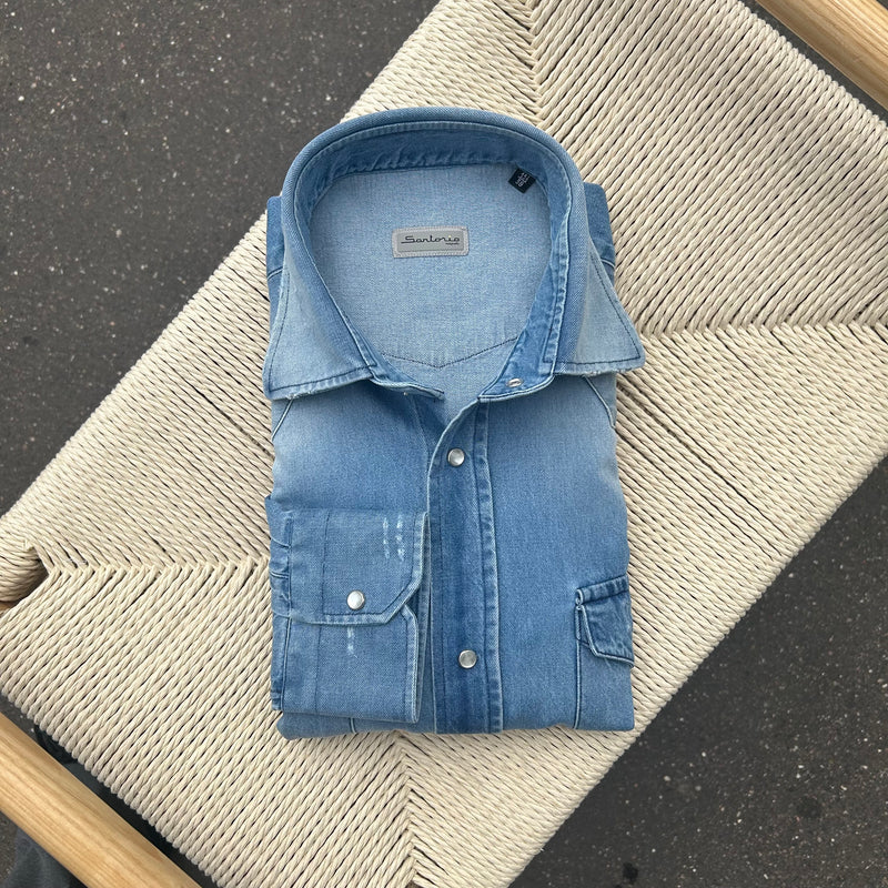 Chemise « used » en denim Texas bleu clair super bleached