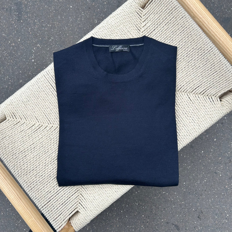 Pull col rond bleu marine cachemire et soie extra-fin