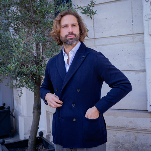 Veste maille croisée bleu marine laine