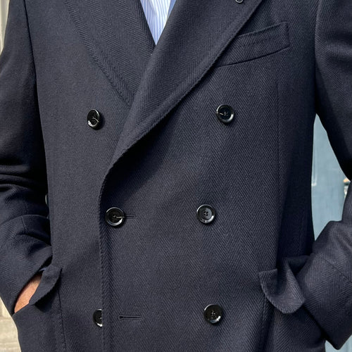 Manteau « polo coat » croisé bleu nuit chevrons LARDINI