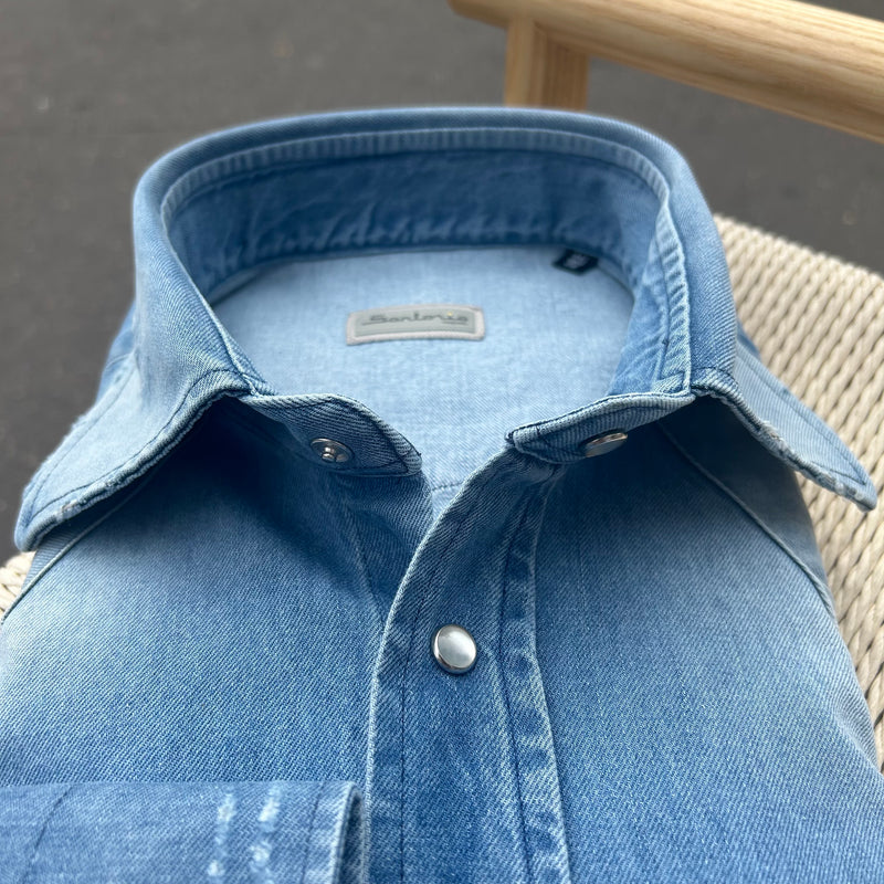 Chemise « used » en denim Texas bleu clair super bleached