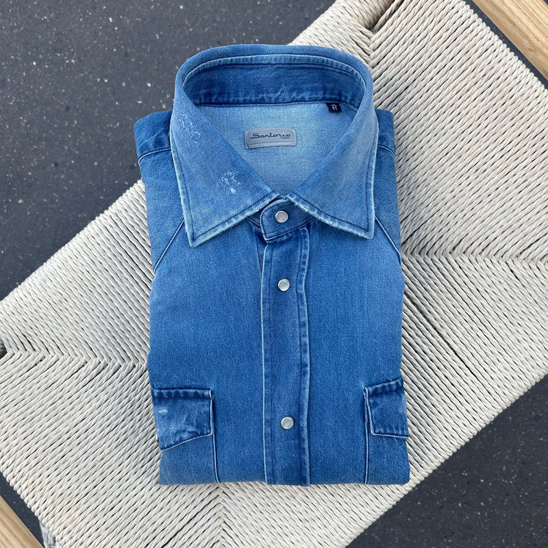 Chemise « used » en denim Texas bleu clair bleached