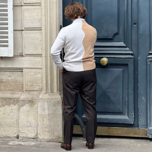 Cardigan bi-couleurs laine et cachemire blanc cassé / camel