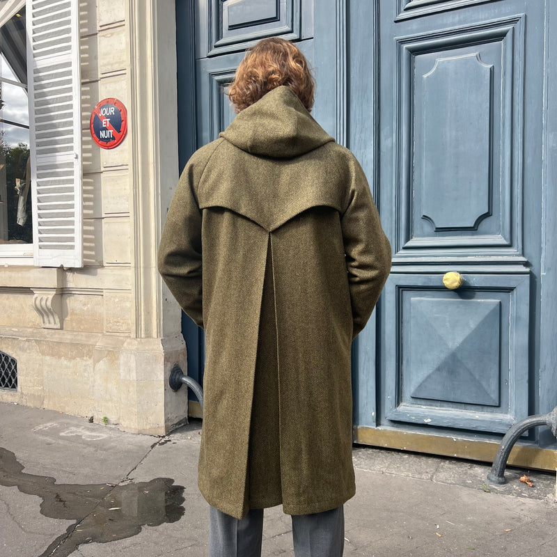 Manteau réversible vert kaki tweed chevrons / camel