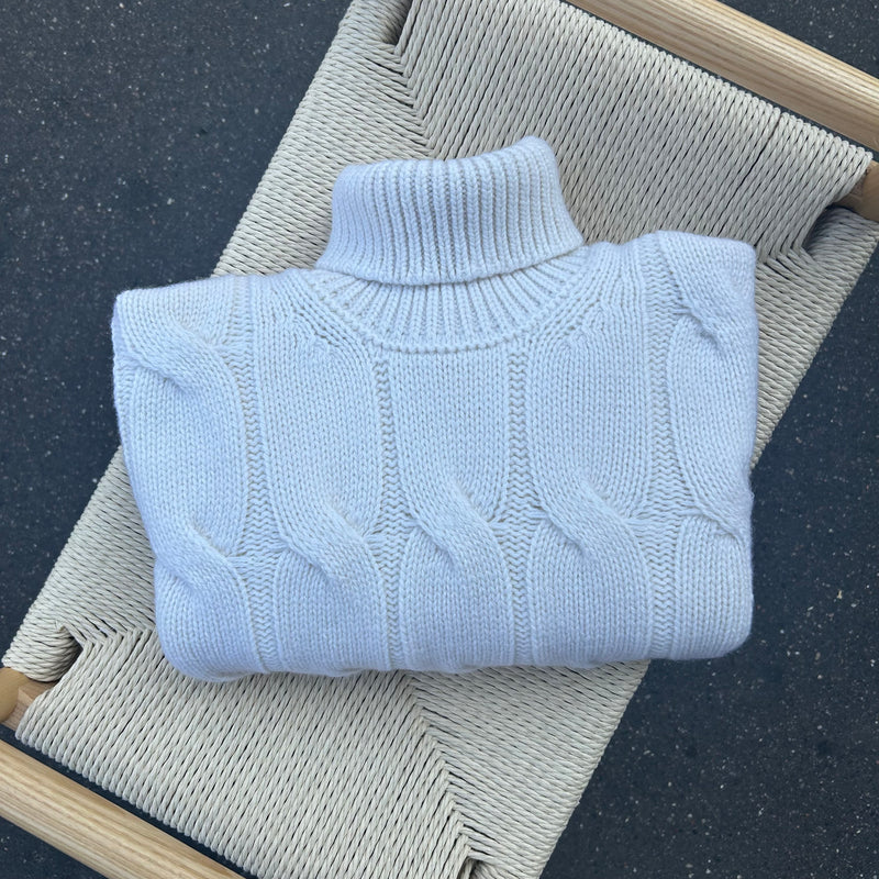 Pull col roulé torsadé laine et cachemire blanc cassé