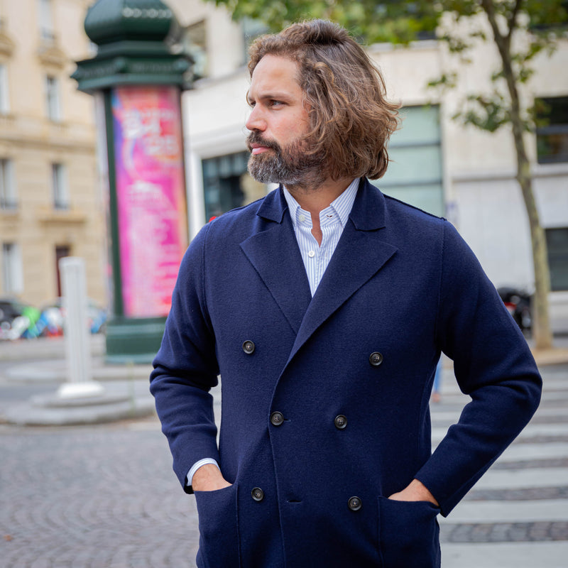 Veste en maille croisée bleu marine laine et cachemire