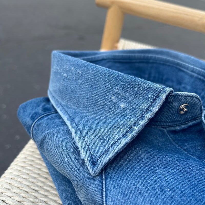 Chemise « used » en denim Texas bleu clair bleached