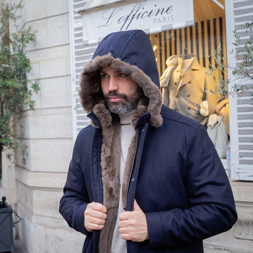 Parka fourrure amovible laine et cachemire imperméable Loro Piana bleu marine