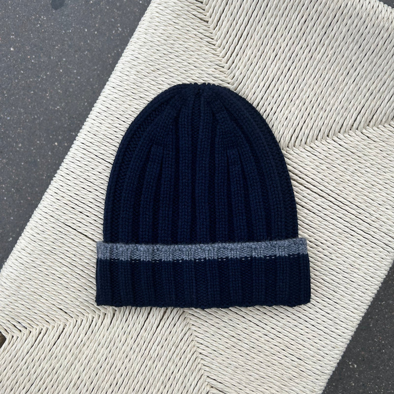 Bonnet cachemire bleu marine et gris
