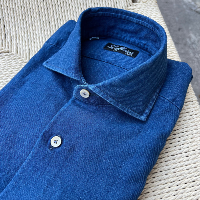 Chemise en denim flanelle bleu moyen col italien