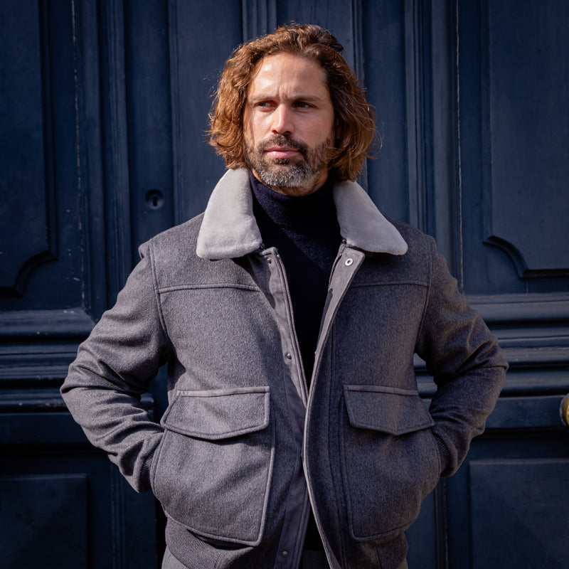Blouson gris laine, cachemire et peau