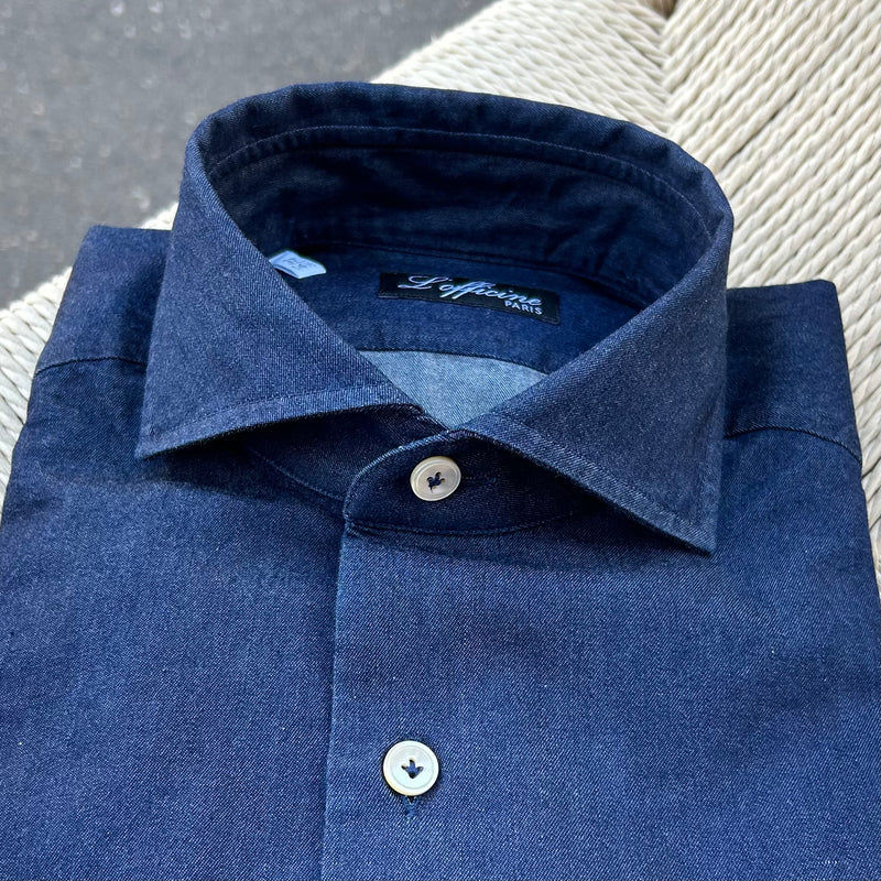 Chemise col italien denim brut bleu indigo coupe ajustée