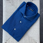 Chemise en denim flanelle bleu moyen col italien