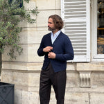 Cardigan bi-couleurs laine et cachemire bleu marine et bleu jean