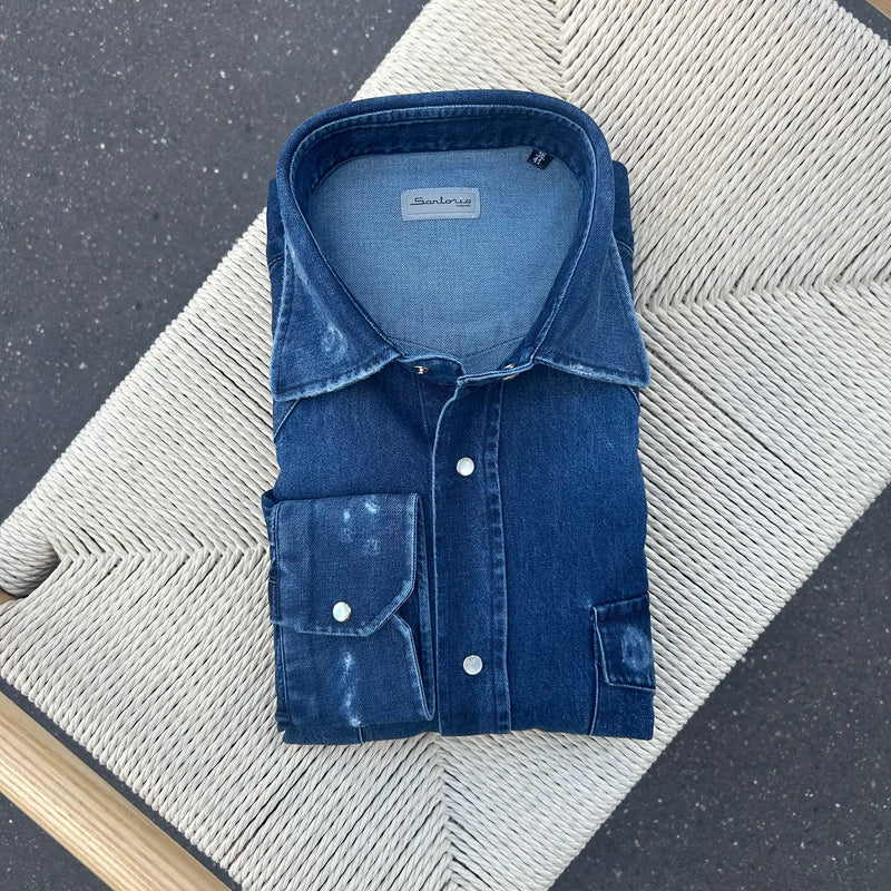 Chemise « used » en denim Texas bleu foncé