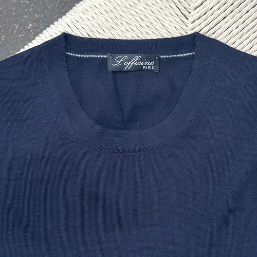 Pull col rond bleu marine cachemire et soie extra-fin