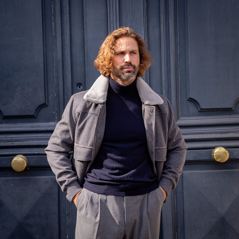 Blouson gris laine, cachemire et peau