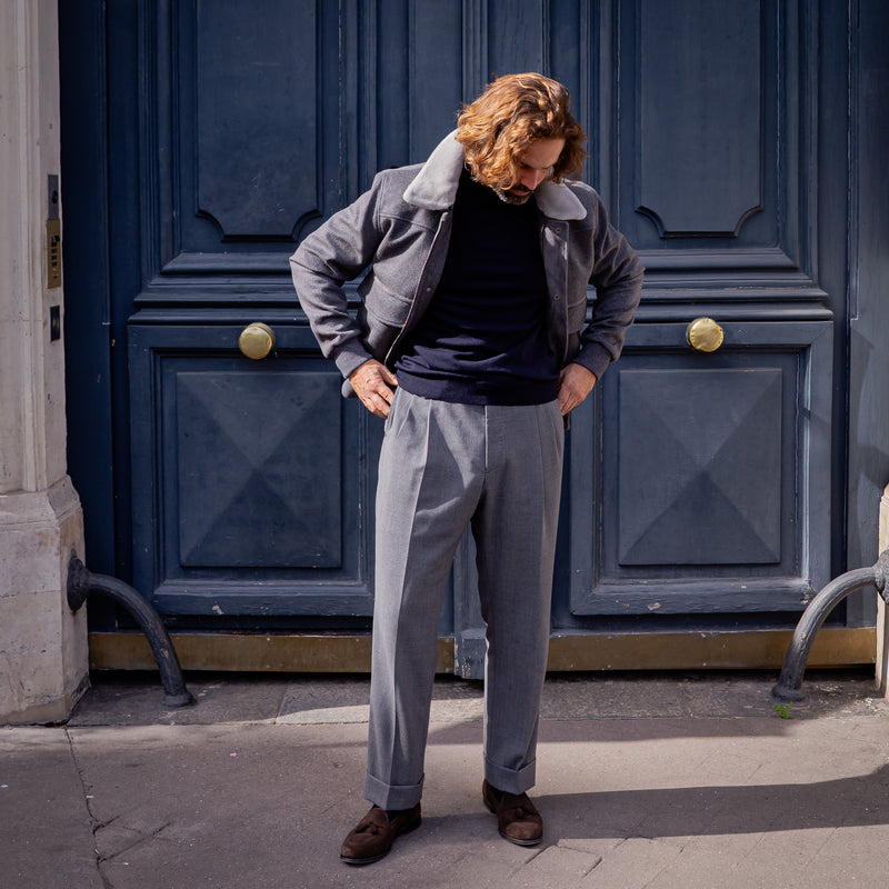 Blouson gris laine, cachemire et peau