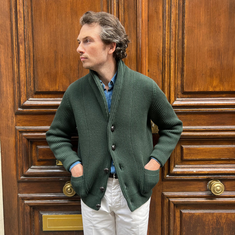 Cardigan iconique col châle laine et cachemire vert anglais