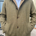 Manteau réversible vert kaki tweed chevrons / camel