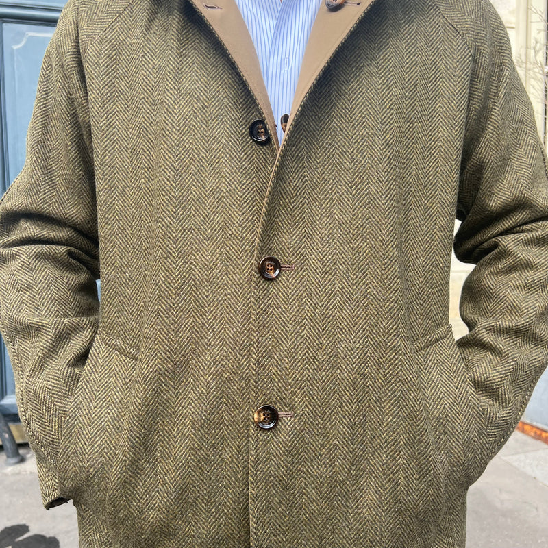 Manteau réversible vert kaki tweed chevrons / camel