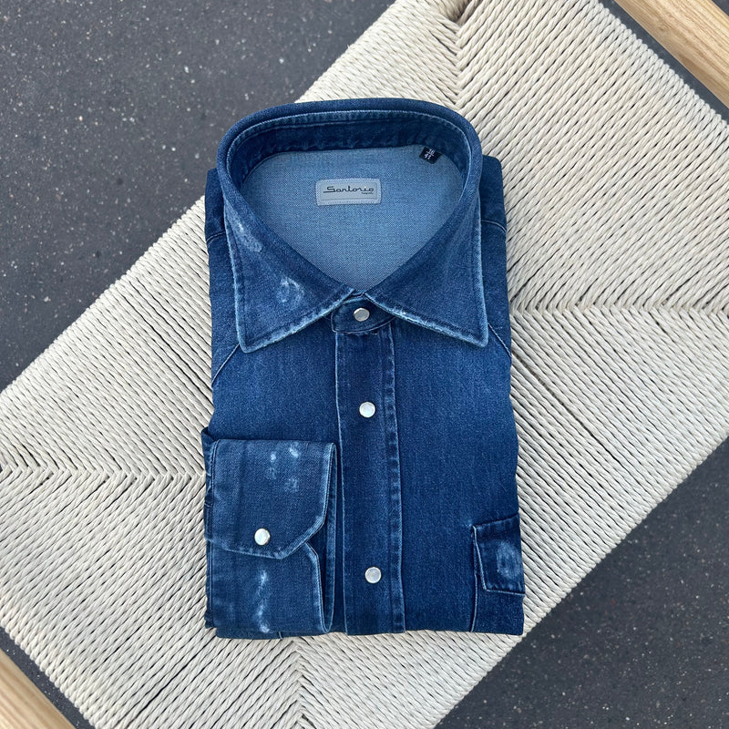 Chemise « used » en denim Texas bleu foncé