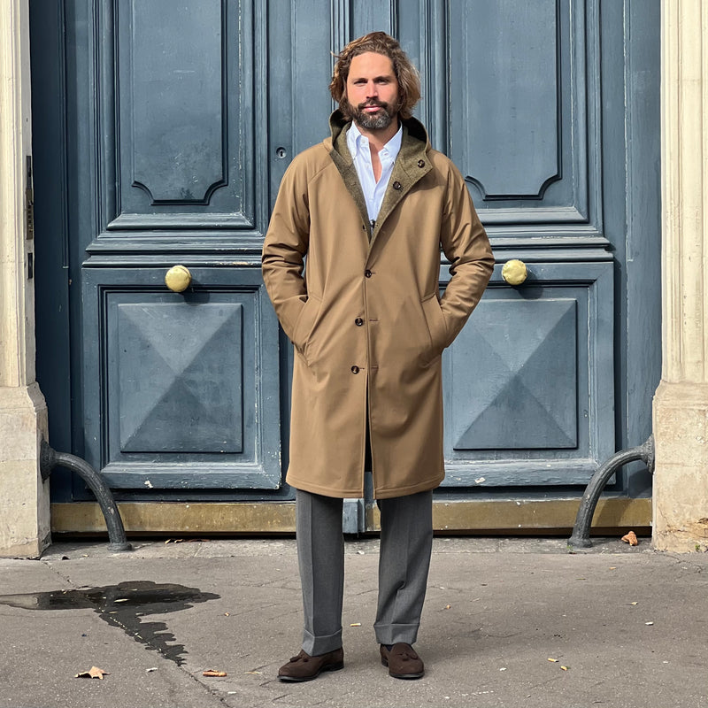 Manteau réversible vert kaki tweed chevrons / camel