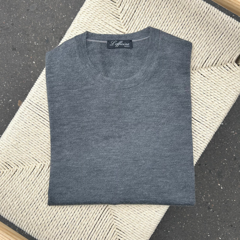 Pull col rond gris moyen cachemire et soie extra-fin
