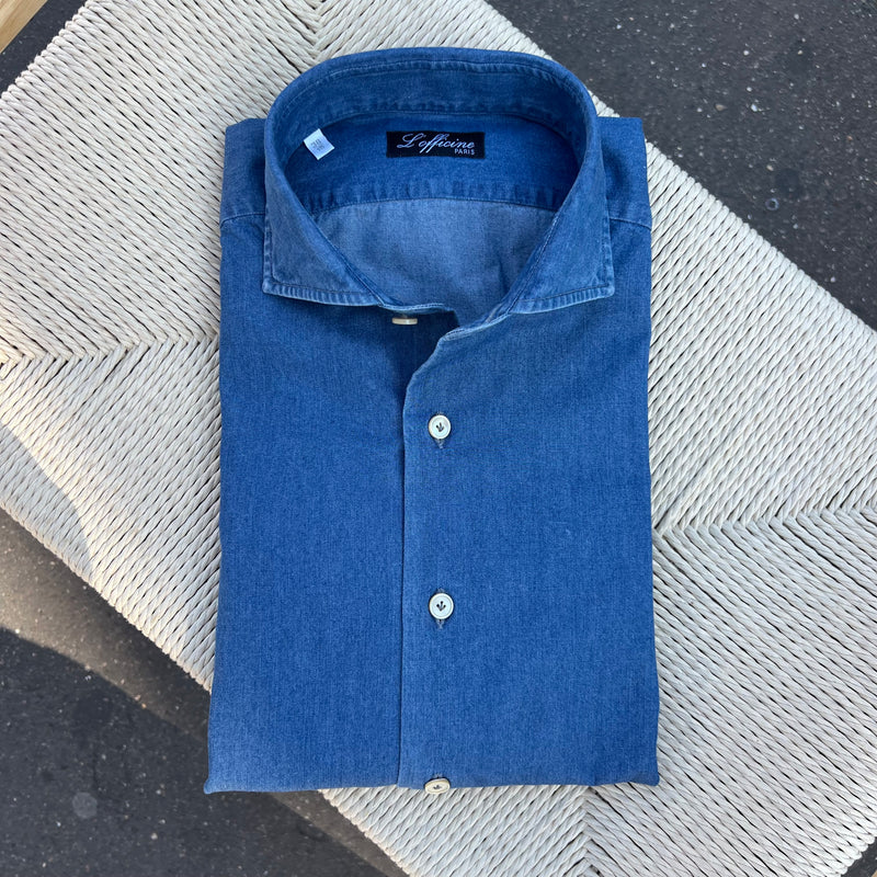 Chemise col italien denim bleached coupe regular