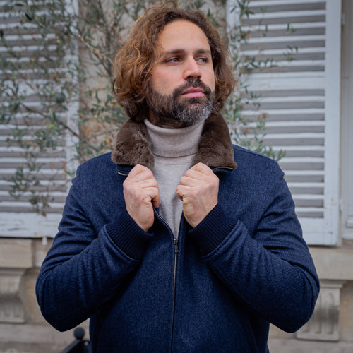 Blouson en cachemire impermeable Loro Piana (Rain System) chevron bleu denim