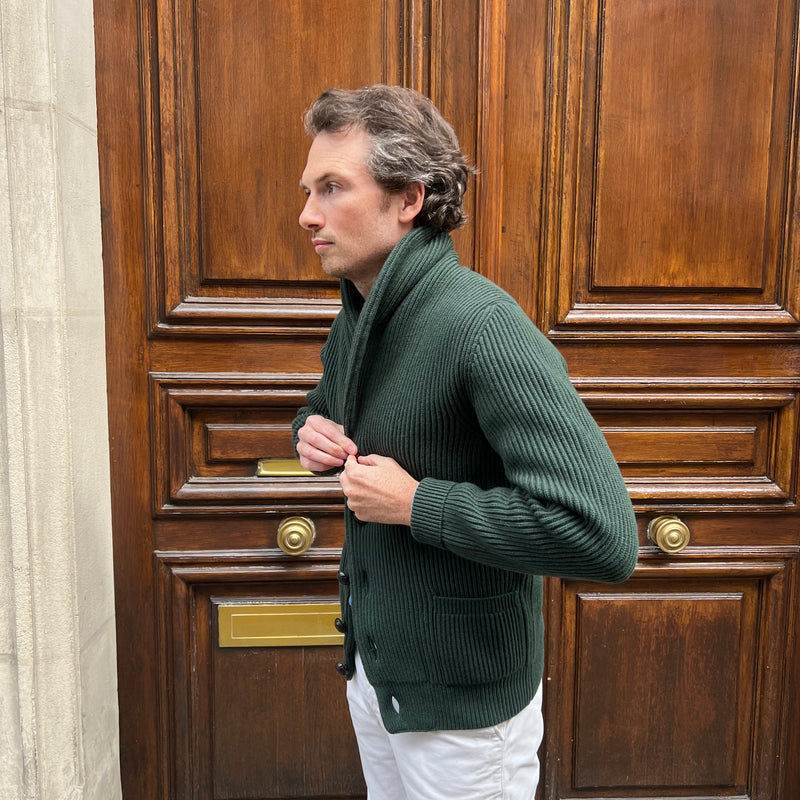 Cardigan iconique col châle laine et cachemire vert anglais