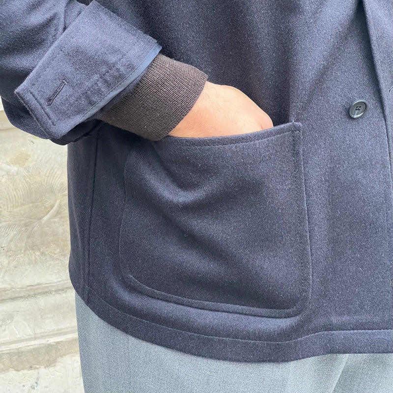 Veste col officier bleu marine laine chameau