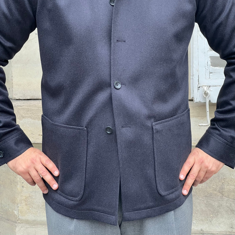 Veste col officier bleu marine laine chameau