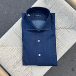 Chemise col italien denim brut bleu indigo coupe regular