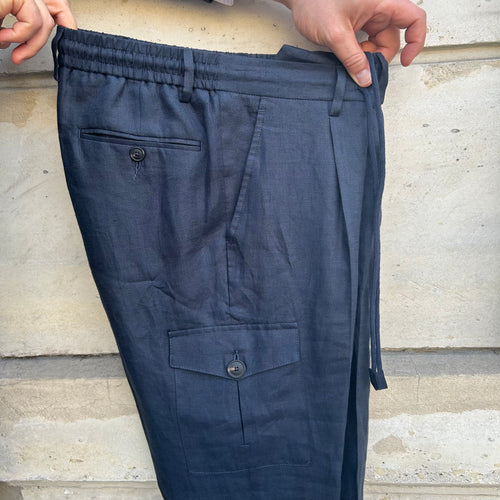 Pantalon joggpants cargo bleu marine en lin