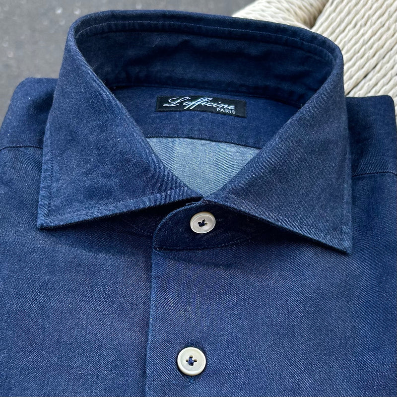 Chemise col italien denim brut bleu indigo coupe regular