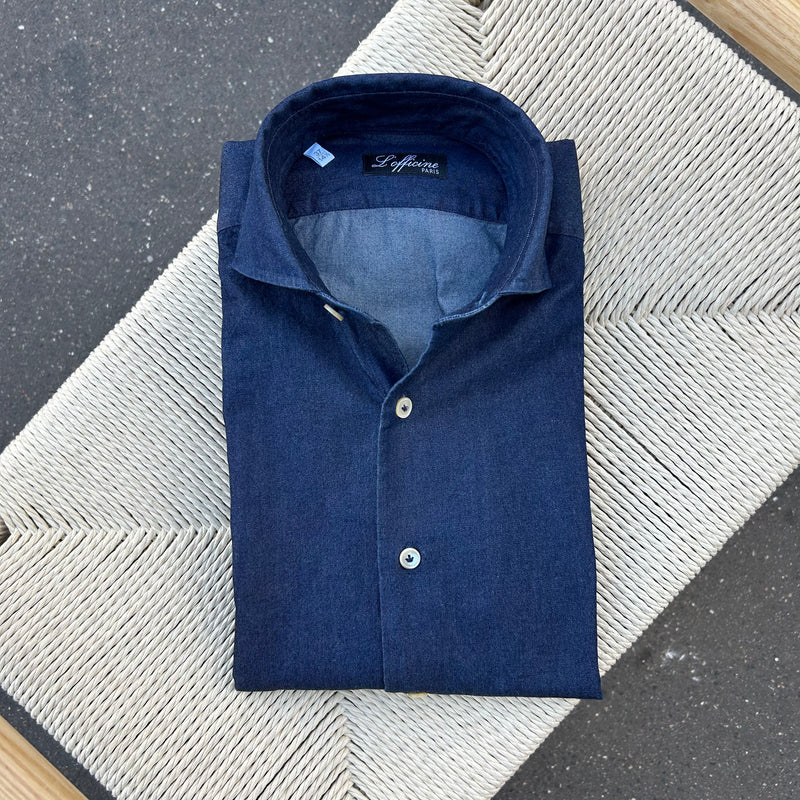 Chemise col italien denim brut bleu indigo coupe ajustée