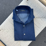 Chemise col italien denim brut bleu indigo coupe regular