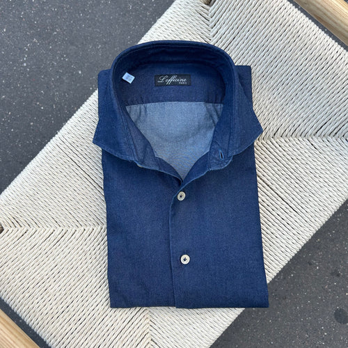 Chemise col italien denim brut bleu indigo coupe regular