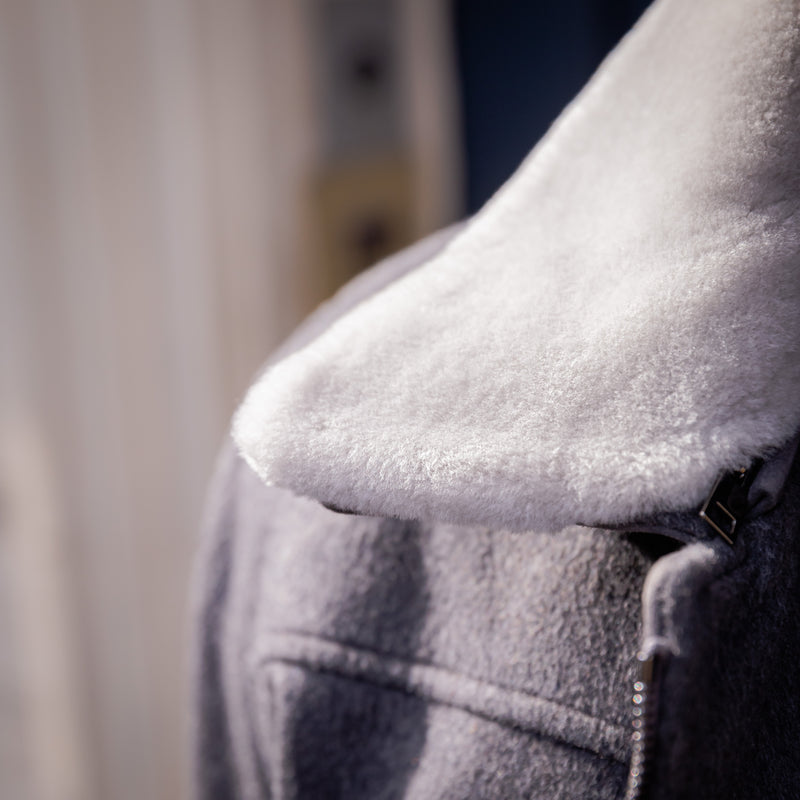 Blouson gris laine, cachemire et peau