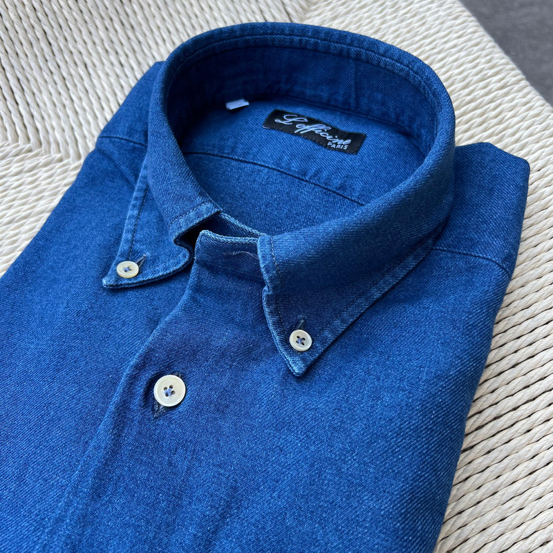 Chemise en denim flanelle bleu moyen col « button down »