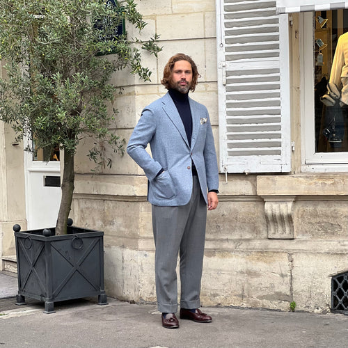 Veste napolitaine bleu clair laine, lin et soie