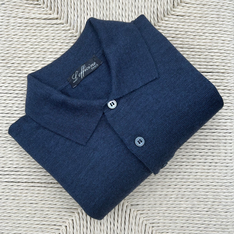 Polo laine merinos bleu denim