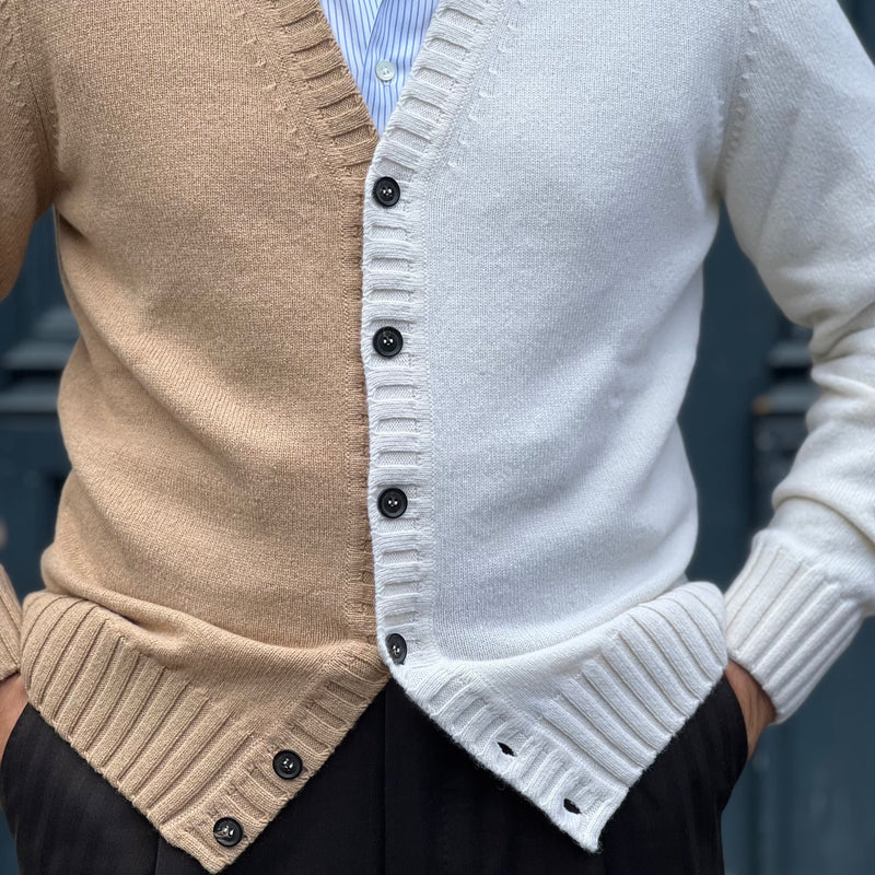 Cardigan bi-couleurs laine et cachemire blanc cassé / camel
