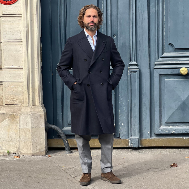 Manteau « polo coat » croisé bleu nuit chevrons LARDINI