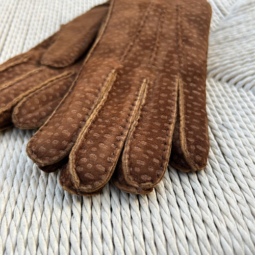 Gants marron cuir de carpincho doublés cachemire gris clair