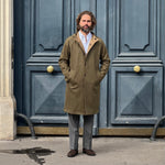 Manteau réversible vert kaki tweed chevrons / camel